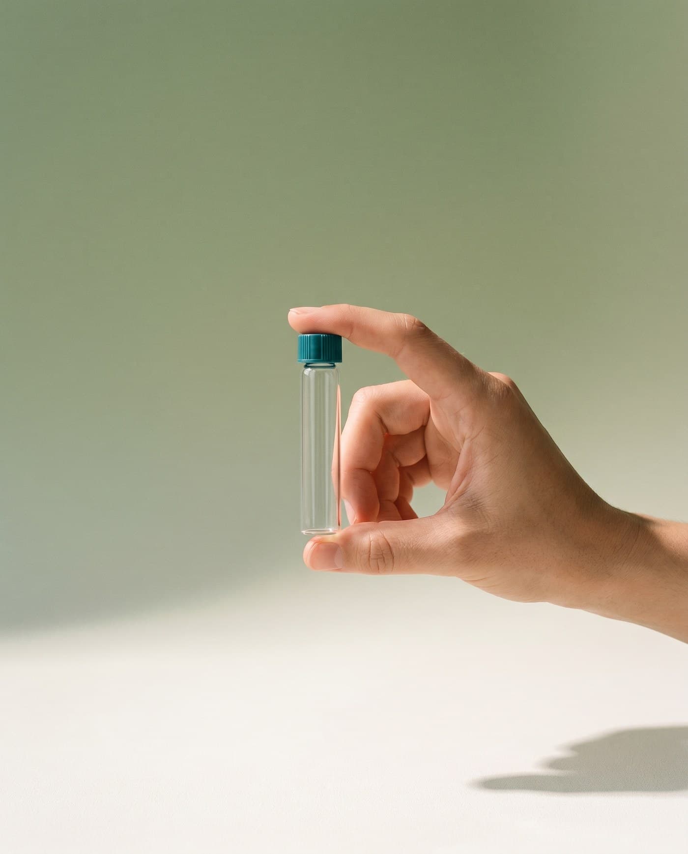 A hand holding a glass sample collection vial with a teal cap, against a soft sage backdrop