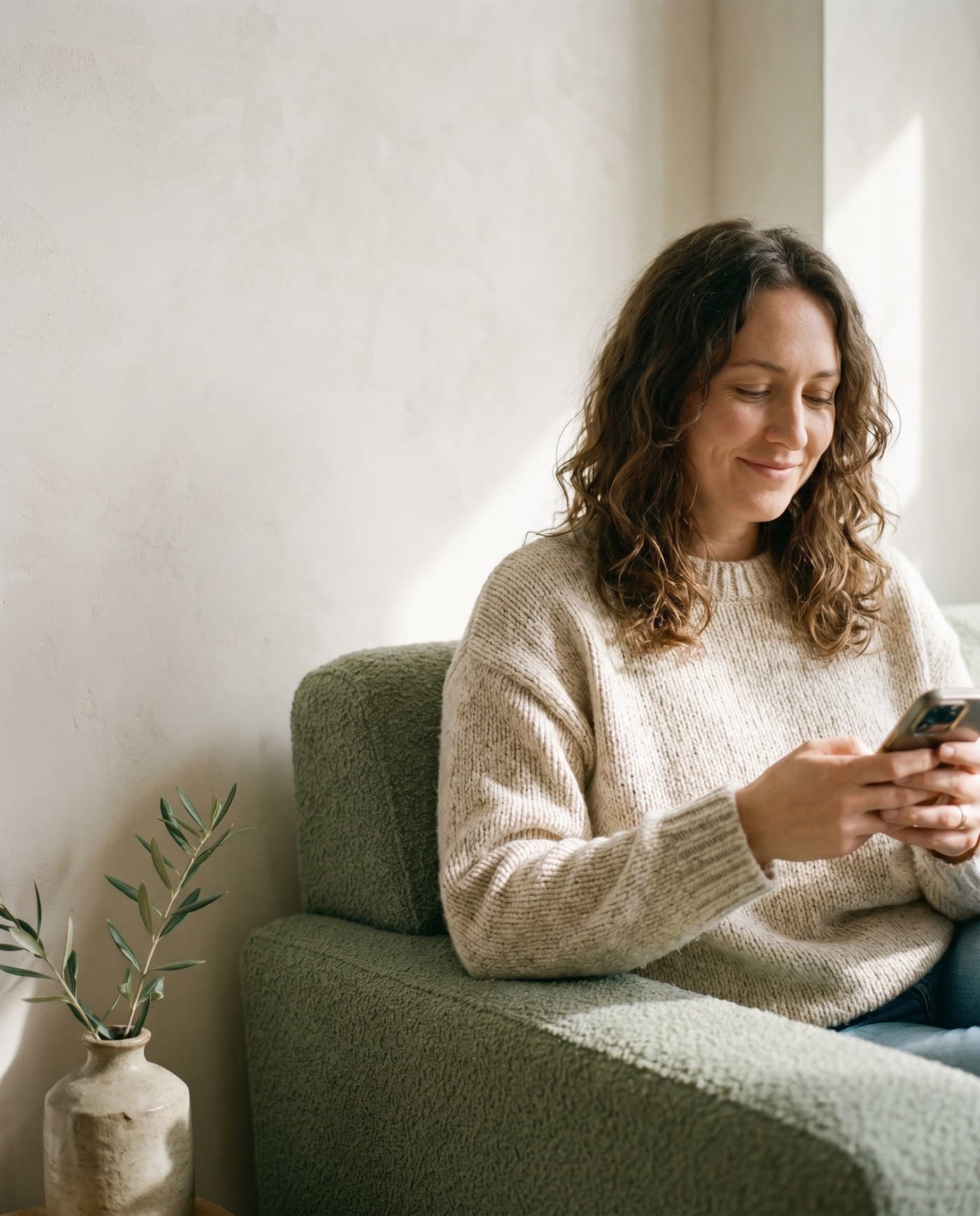 A person reading their lab results from a phone in a sunlit room with a sage-colored sofa